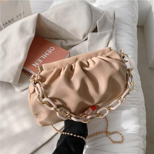 Spring Ruched Chain Pouch Brand Design Cloud Soft Women Clutch Beaded Strap PU Leather Ladies Shoulder Crossbody Bags New 2021