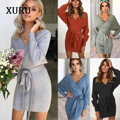XURU New winter knit sweater womens dress sexy womens overalls bag hip warm sweater womens dress