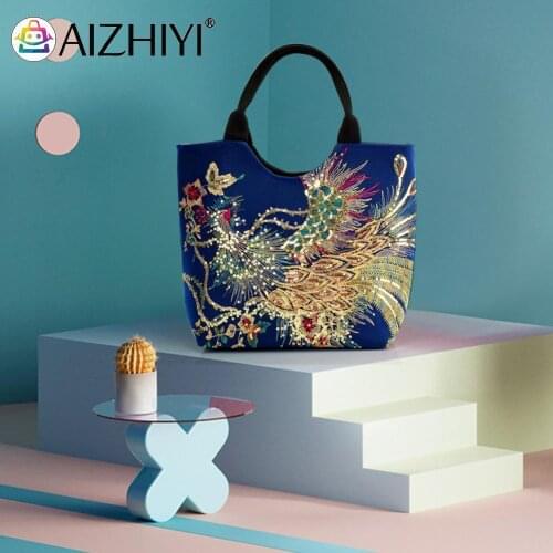 Ethnic Style Women Top-Handle Bag Peafowl Embroidery Canvas Shoulder Bag Shopping Travel Large Capacity Bags