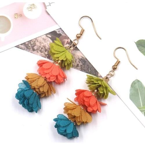 Boho Party Women Cloth Flower Long Earrings Jewelry Sweet Fabric Chiffon Flower Earrings long Petals Earrings