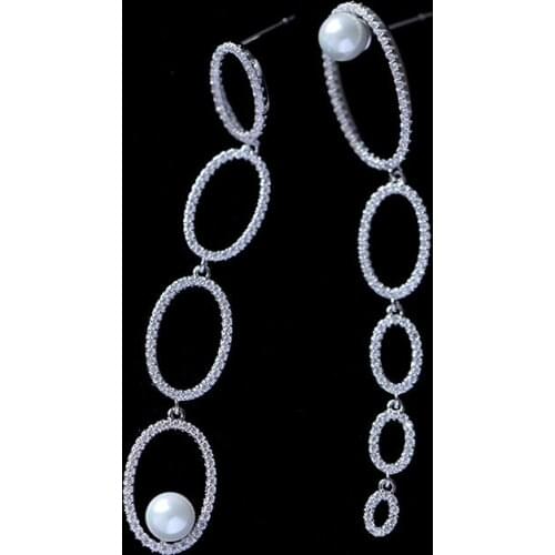New Design Personality Asymmetric Circle Long Earrings High Quality Cubic Zirconia Imitation Pearl Long Drop Earrings For Women