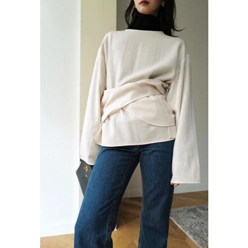 New Winter 11.19 Autumn Wrap Pullover Shirt Women Round Neck Long Sleeve Lace-up Collect Waist Blouse