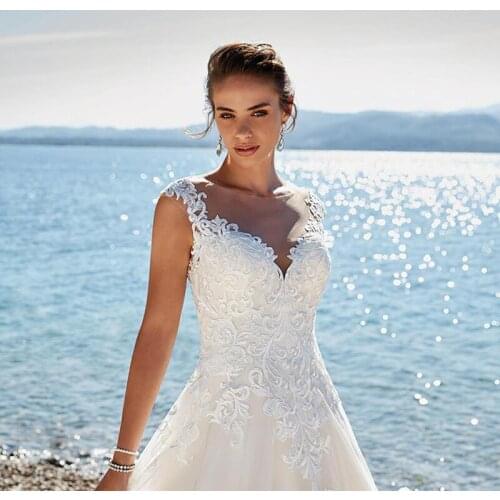 SoDigne Lace Applique Sleeveless Illusion Beach Wedding dress vintage Bridal Gowns Pluse size Lace Dresses Natural
