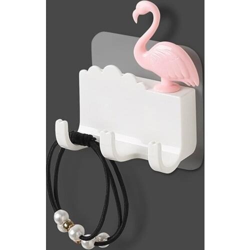 1pc White/Pink Home Decoration Flamingo Shaped 3 Hooks Self Adhesive Wall Hanging Heavy Bathroom Kitchen Load Door Back Hook