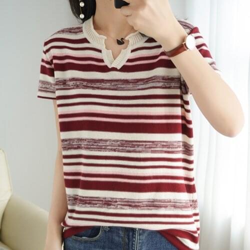 100% Cotton Short-sleeved Summer New Womens V-Neck Slim Pullover Tee Womens Plus Size Color stripe Knitted Bottoming T-shirt