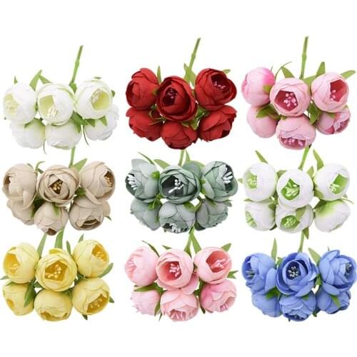 2 Bouquet Small Tea Roses Buds Artificial Silk Tea Rose Flower for Wedding Wreath DIY Gift Box Scrapbook Home Decor Fake Flowers