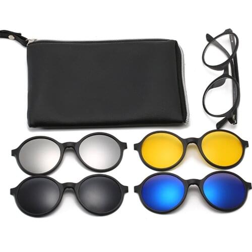 5 in 1 Clip On Sunglasses with Polarized Night Vision Mirror Flat Magnetic Lens Clips Optical Myopia Glasses Prescription