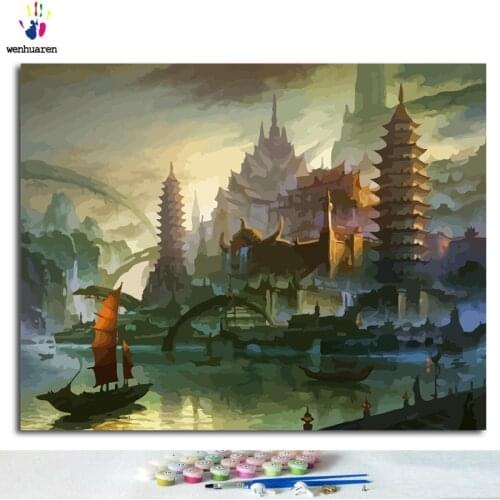 Tower abstract landscape DIY painting digital vintage oil painting on canvas unique gift wall artwork for home decoration