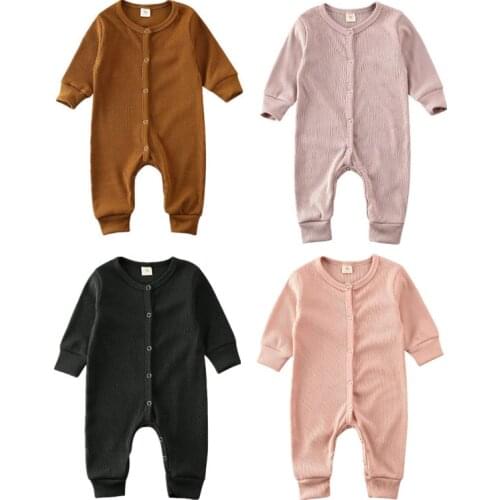 Free Shipping Baby Girl Boys Clothes Autumn Cotton Romper Solid Button Long Sleeve Knitted Jumpsuits Newborn Romper Kids Outfits