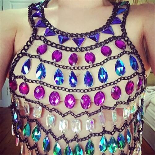Blue Green Big Acrylic Statement Sexy Short Camis Strap Necklace Body Jewelry 2020 Night Club Backless Biikini Cropped Tank Top