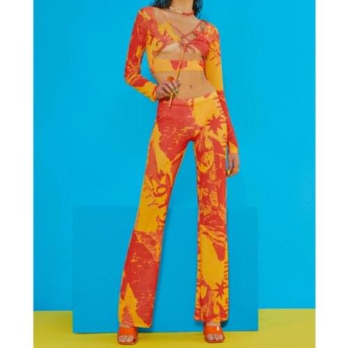 Tie Dye Print Pant Set Long Sleeve Hollow Out Lace Up Crop Top Elastic Waist Bodycon Pant Summer 2021 Sexy Party Women Pant Set