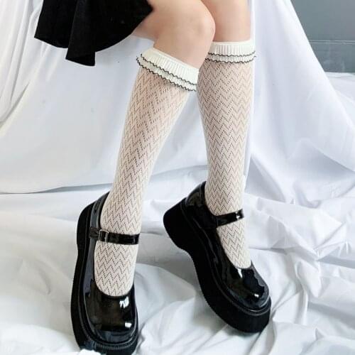 Black White Lace Stockings Women Summer Ruffles Long Socks Japanese Fashion Lolita Girls Cute Wave Fishnet Stockings Transparent
