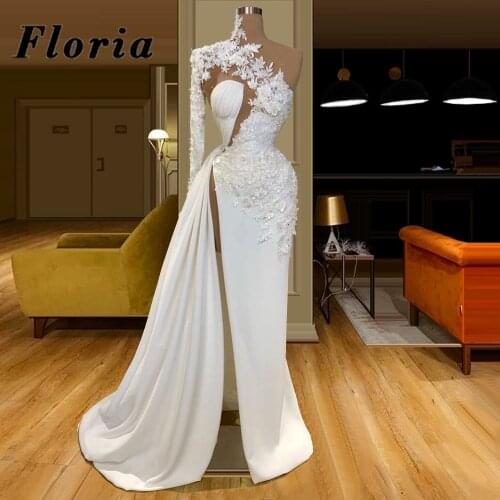 African Appliques Long Evening Dress 2020 Mermaid White Satin Beaded Formal Party Evening Gowns Robe De Soiree