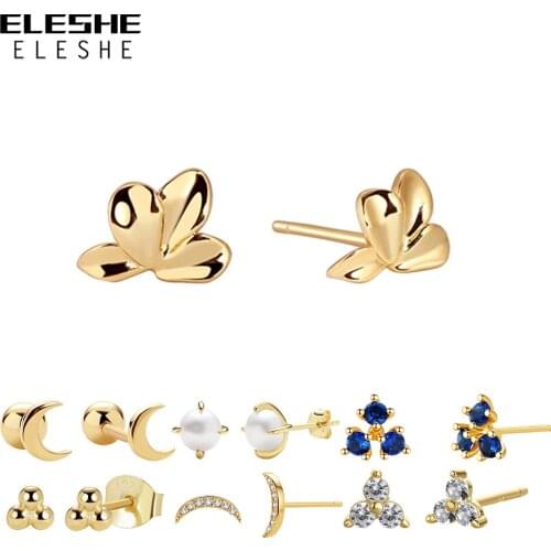 ELESHE 100% 925 Sterling Silver Crystal moon Earrings With Pearl For Women Simple Fashion Wedding Jewelry Accessories