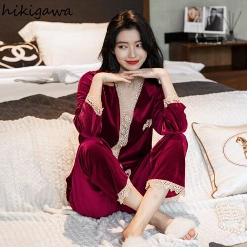 Hikigawa Goldvelvet Pajamas Womens Autumn Winter Long-sleeved Cardigan Lace Patchwork Pantsuit Home Service Korean Sleepwear