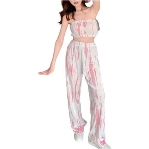 PERHAPS U Women Summer High Street Two-Piece Set Bright Silk Tie Fye Pleated Ruffles Strapless Elastic Waist Wide Leg PantsT3053