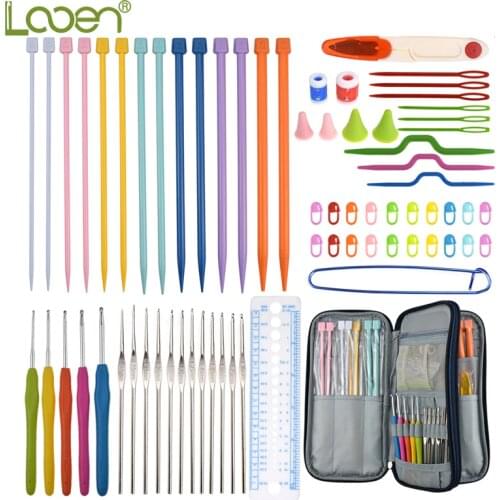 Looen Knitting Needles Set 17pcs 0.6-4.5mm Crochet Hook Needles Set 7 Pairs Knitting Needles Scissors Rulers Sewing Accessories
