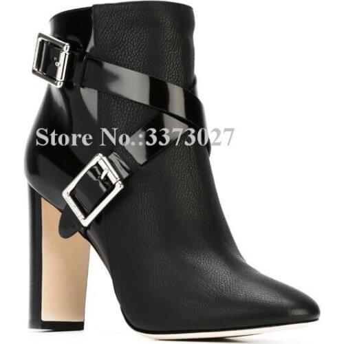 New Cross Strap Chunky Heel Lady Ankle Boots Fashion Pointed Toe Patchwork Buckle Strap Short Boots Sexy Office Dress Shoes