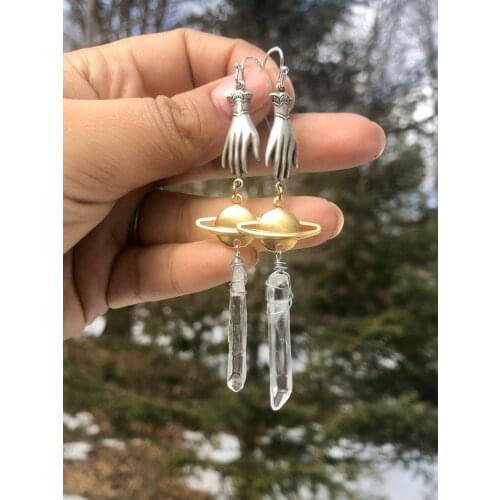 New Handmade~Saturnia Earrings, Silver Plated Victorian Hand Earrings, Crystal Point Saturn Earrings, Mystical Earrings