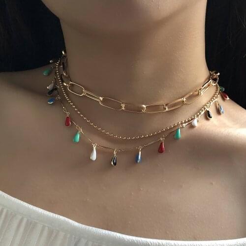 Colorful Water Drop Pendants Necklace for Women Beads Chain Clavicle Chains Short Necklaces Female 2021 Fashion Jewelry