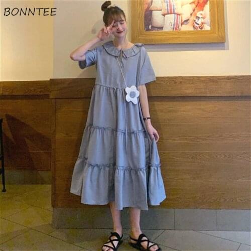 Dress Women Trendy Sailor Collar College Summer Korean Chic Popular Drawstring Womens Dresses High Waist Mid-Calf Lovely Girls