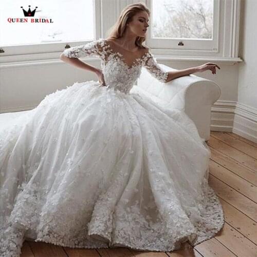 Custom Made Empire Half Sleeve Fluffy Big Train Luxury Wedding Dresses with Flowers Appliques Pearls Beaded Bridal Gown XH67S