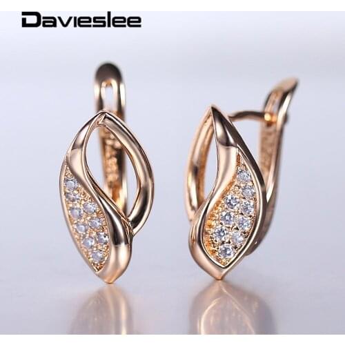 Geometric Leaf Stud Earring 585 Rose Gold Cut Out Leaf Clear Cubic Zircon oval Earrings for Women Girls Wedding Party DGE283