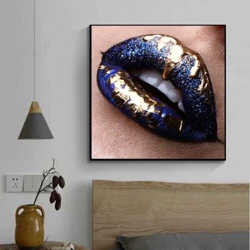 Blue Lips with Gold Lines Modern Canvas paintings For Living Room Decor Unframed Canvas Painting Wall Art