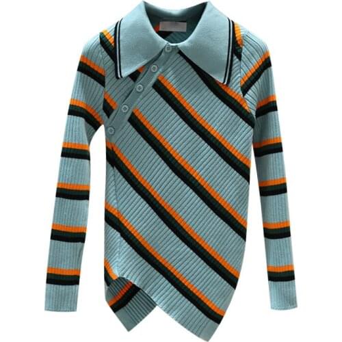 Irregular Hem Sweater Women 2021 Spring New Knitted Top Lapel Striped Slimming Female Knitweear Juper Femme