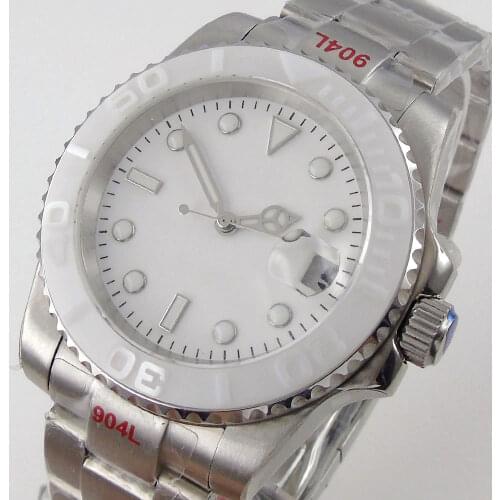 Tandorio 40mm Japan NH35/NH35A Automatic Movement White Mens Mechanical Watch Date Cyclops Sapphire Glass 904L Steel Bracelet