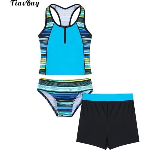 TiaoBug Fashion Summer 3Pcs Kids Girls Swimming Suit Bathing Suit Tankini Shorts Bikini Bottom Scoop Neckline Tank Top Set