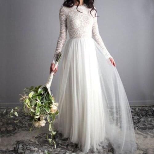 A line Boho Wedding Dress Lace Tulle Bridal Gowns Long Sleeves Simple Beach Floor Length Wedding Gown