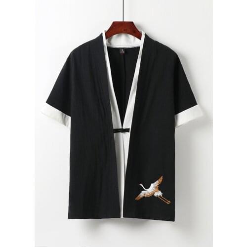 Chinese Traditional Men Print Loose Hanfu Shirts Vintage Crane Embroidery Cardigan Cotton Linen Plus Size Casual Coat Jacket