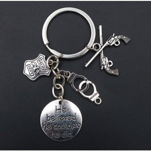 WKOUD 1pc Silver Plated He Believe He Could So he Did Charm Police Badge & Pistol & Handcuffs keychain DIY Metal Key Chain