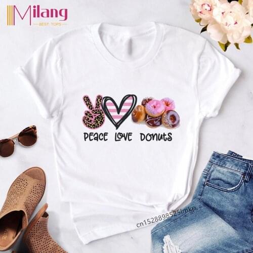 Fashion T Shirt Woman 2020 Tops Tshirt Leopard Peace Love Donuts Streetwear Casual O-neck T-shirt Summer Female Tee Shirts Women