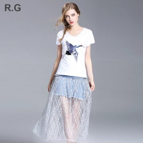 RG Flying Crane Animal Pattern Beading White T Shirt Crop Top and Lace Patchwork Denim Skirt 2 Piece Set Suit Women Summer 2018