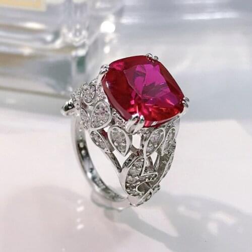 Vintage Solid 925 Sterling Silver 12*12mm Square Synthetic Ruby High Carbon Diamond Wedding Rings Fine Jewelry For Women 2021