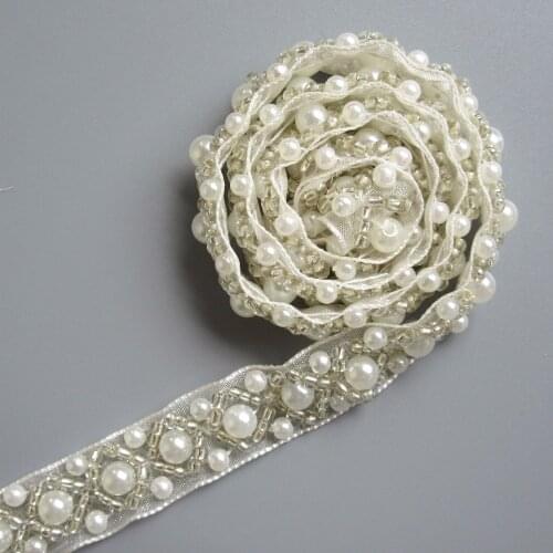 1 Yard 1.5cm Ivory Pearl Beaded Handmade Lace Trims Wedding Dress Belt Sash Ribbon Bridal Applique Fabric Sewing Craft DIY