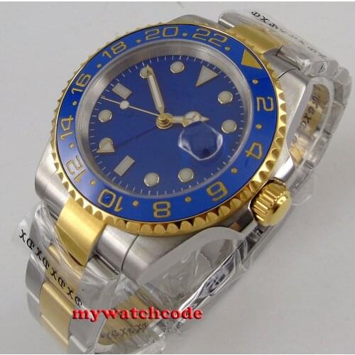 40mm bliger blue dial sapphire glass date golden case GMT automatic mens watch B145