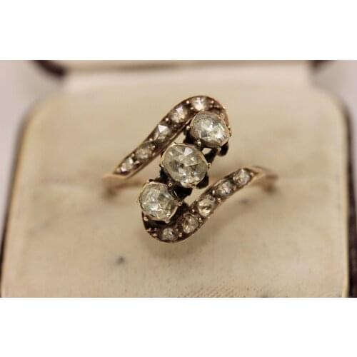 ANTIQUE OTTOMAN NAVETTE NATURAL ROSE CUT DIAMOND DECORATED ISLAMIC 8K GOLD RING