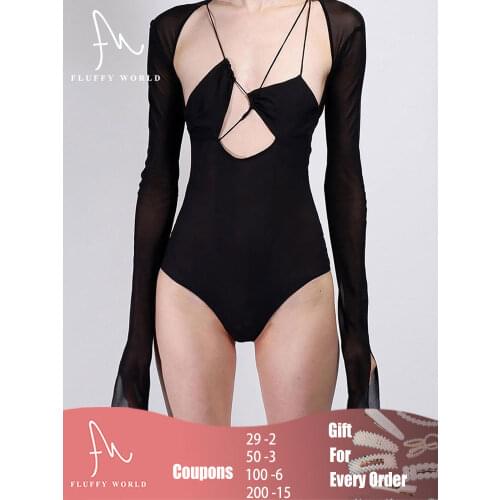Women Bodysuit Perspective Long Sleeve Hollow Out Bandage Bodysuit Streetwear Female Sexy Bodycon Splicing Black Overalls Top