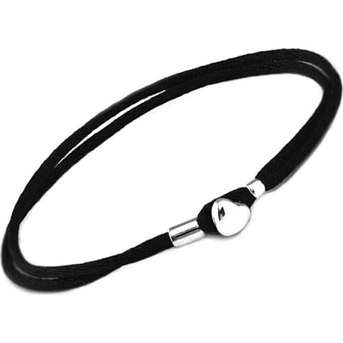 Black Fabric Cord Bracelets 100% 925 Sterling Silver Jewelry Free Shipping