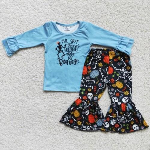 Baby Halloween Outfits Girls Long Sleeve Letter Print Pumpkin Top Bell Bottom 2pcs Sets Kids Children Autumn Clothing
