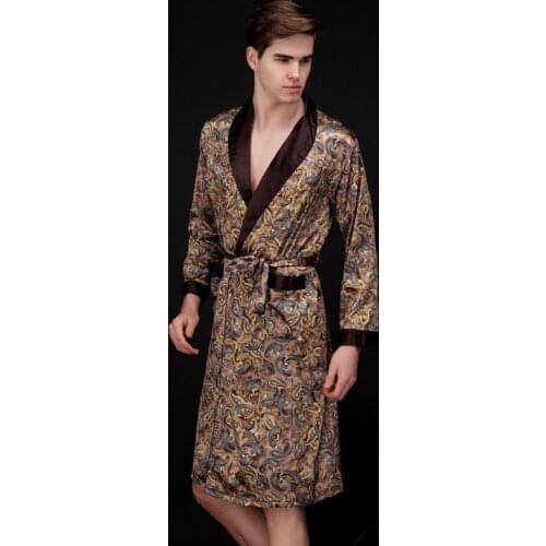 Mens Robe Nightgown Satin Kimono Bathrobe Gown Casual Sleepwear Plus Size Print Home Dressing Gown Long Robe Sleepwear