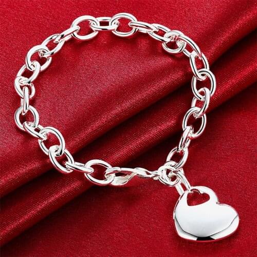 Delicate 925 Silver Solid Heart Pendant Bracelet For Woman Wedding Engagement Fashion Charm Party Jewelry
