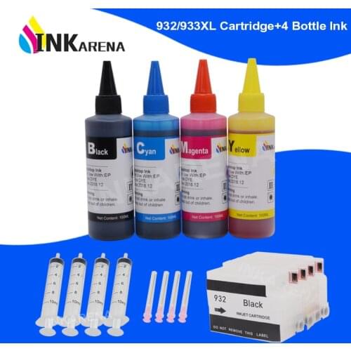 INKARENA 4×100ml Refill Ink + 932 933 XL Printer Ink Cartridge For HP 932XL Officejet 6100 6600 6700 7110 7610 7612 Printers