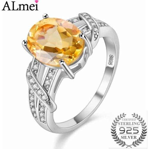 Almei 2.2CT Yellow Citrine 925 Sterling Silver Wedding Engagemant Rings Fine Jewelry for Women Made of Natural Stones 49% FJ003