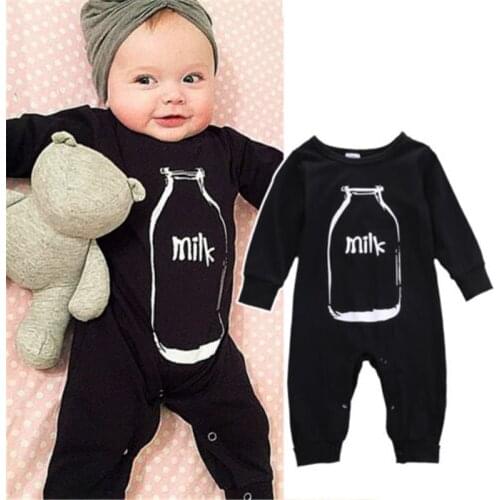 0-24M Baby Boys Rompers Long Sleeve Milk Letter Print Baby Boys Romper O-Neck Black Baby Boys Playsuit Newborn Clothes Set