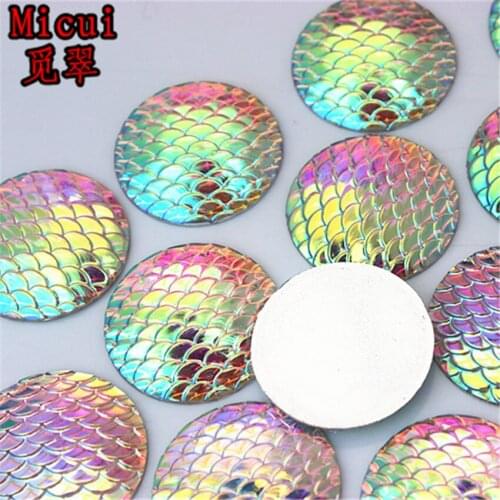 Micui 30PCS 25mm AB Clear Round Fish Scale Resin Rhinestone Crystal Stone Beads Flatback For Clothing Crafts Decoration ZZ562