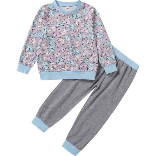 2021 0-6Y Autumn Kids Baby Girl Pajama Sets Butterfly Print Long Sleeve Top+Pants Soft Cotton Sleepwear Outfits 2pcs